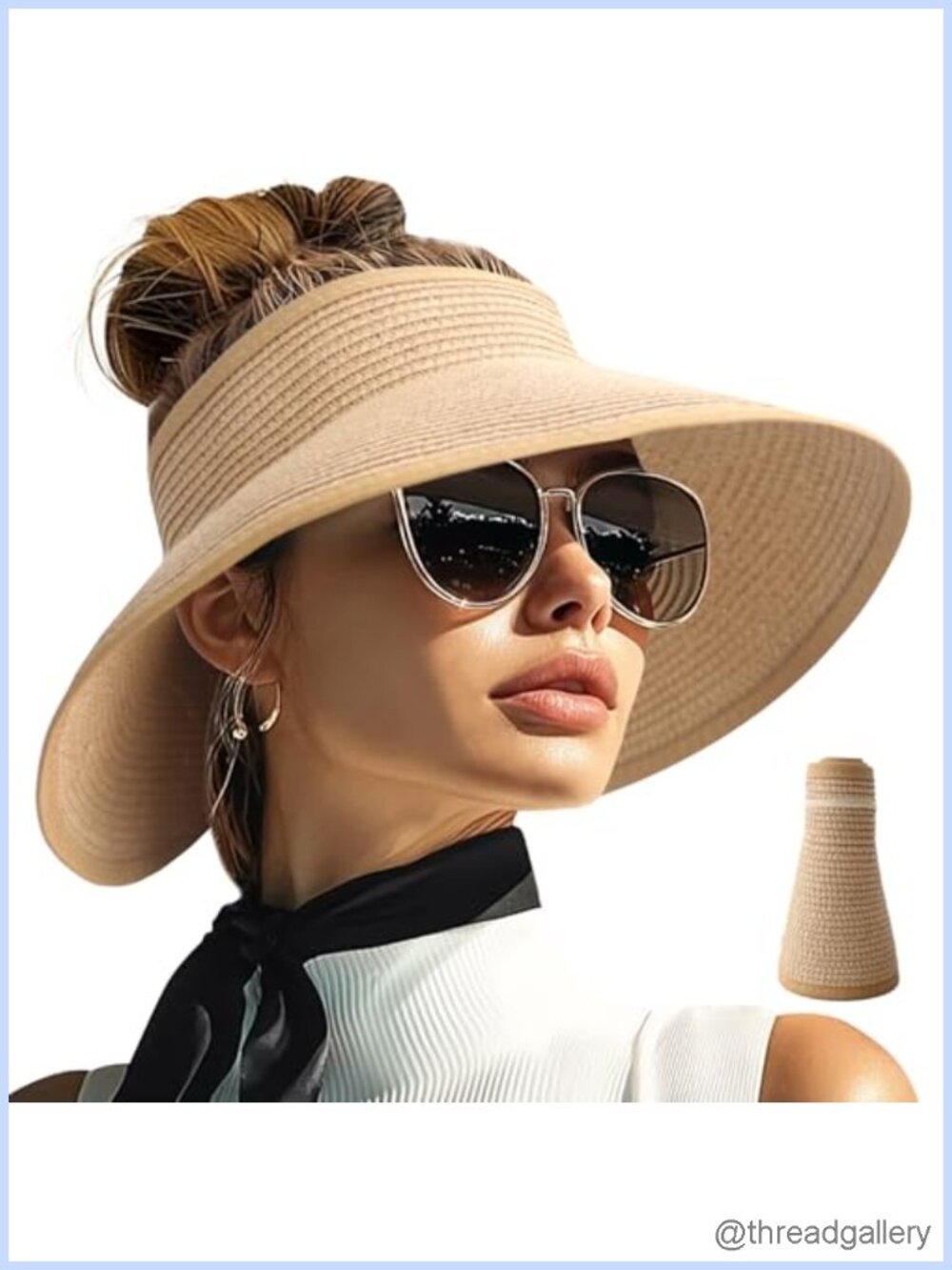 Wide Brim Straw Sun Visor Hat for Women, Packable Ponytail Beach Hat